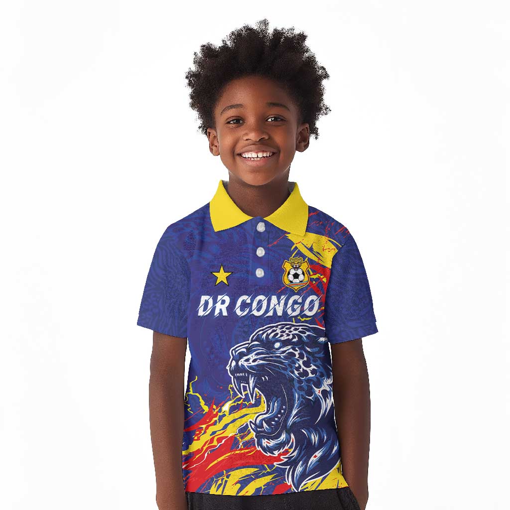 Custom DR Congo Football Leopard Mascot Kid Polo Shirt Fierce Leopard Art National Flag Colors