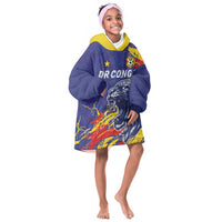 Custom DR Congo Football Leopard Mascot Kid Wearable Blanket Hoodie Fierce Leopard Art National Flag Colors