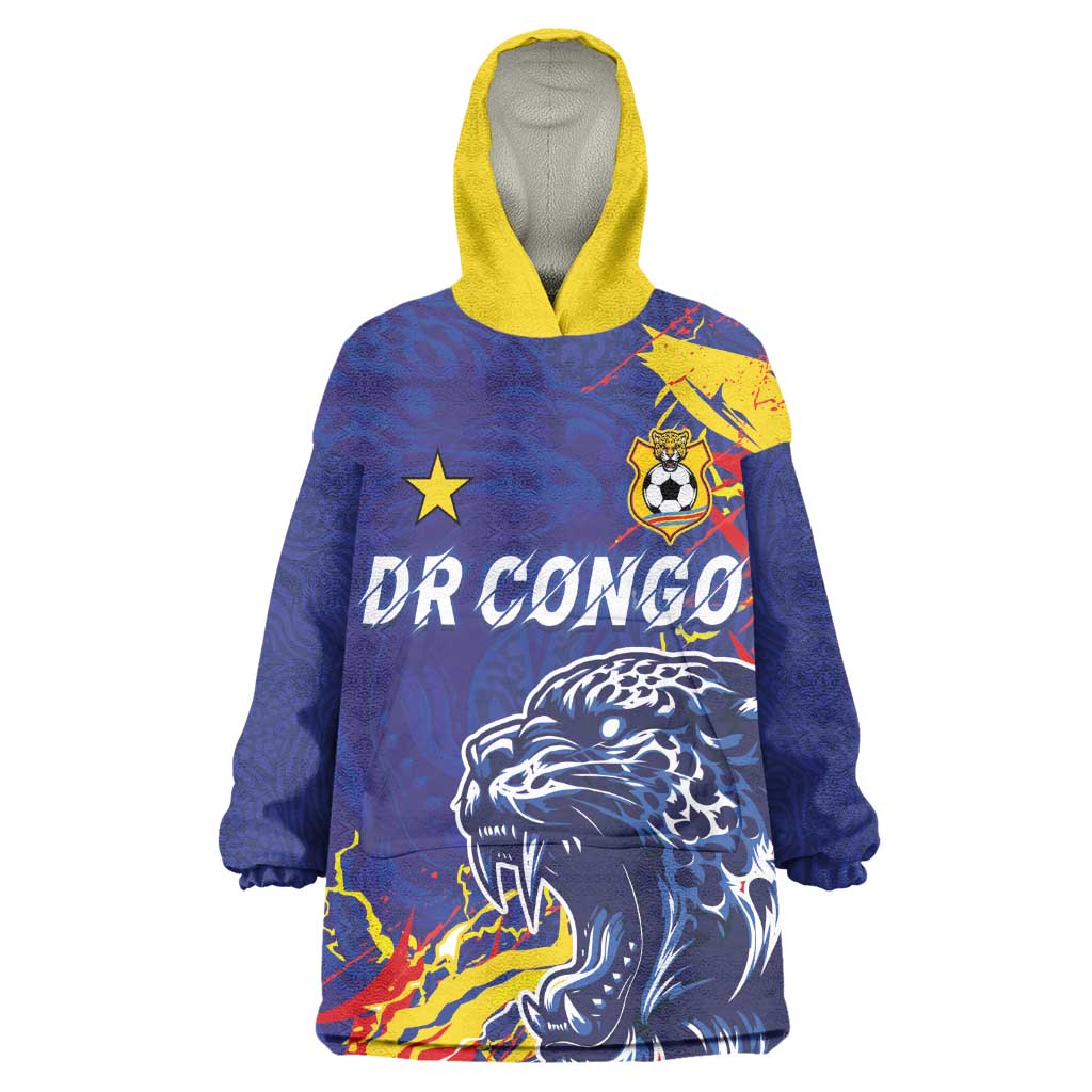 Custom DR Congo Football Leopard Mascot Kid Wearable Blanket Hoodie Fierce Leopard Art National Flag Colors