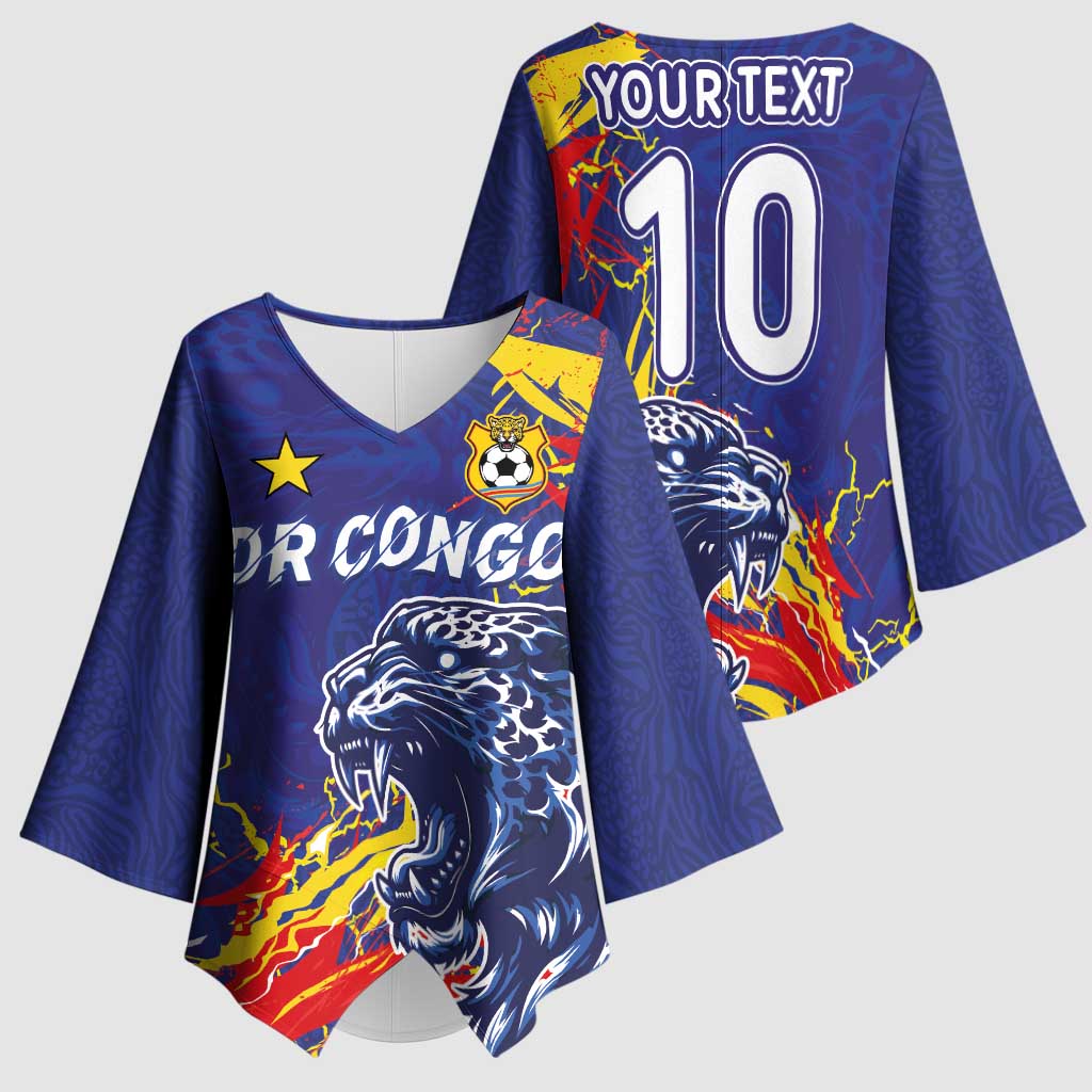 Custom DR Congo Football Leopard Mascot Kimono Sleeve Blouse Fierce Leopard Art National Flag Colors