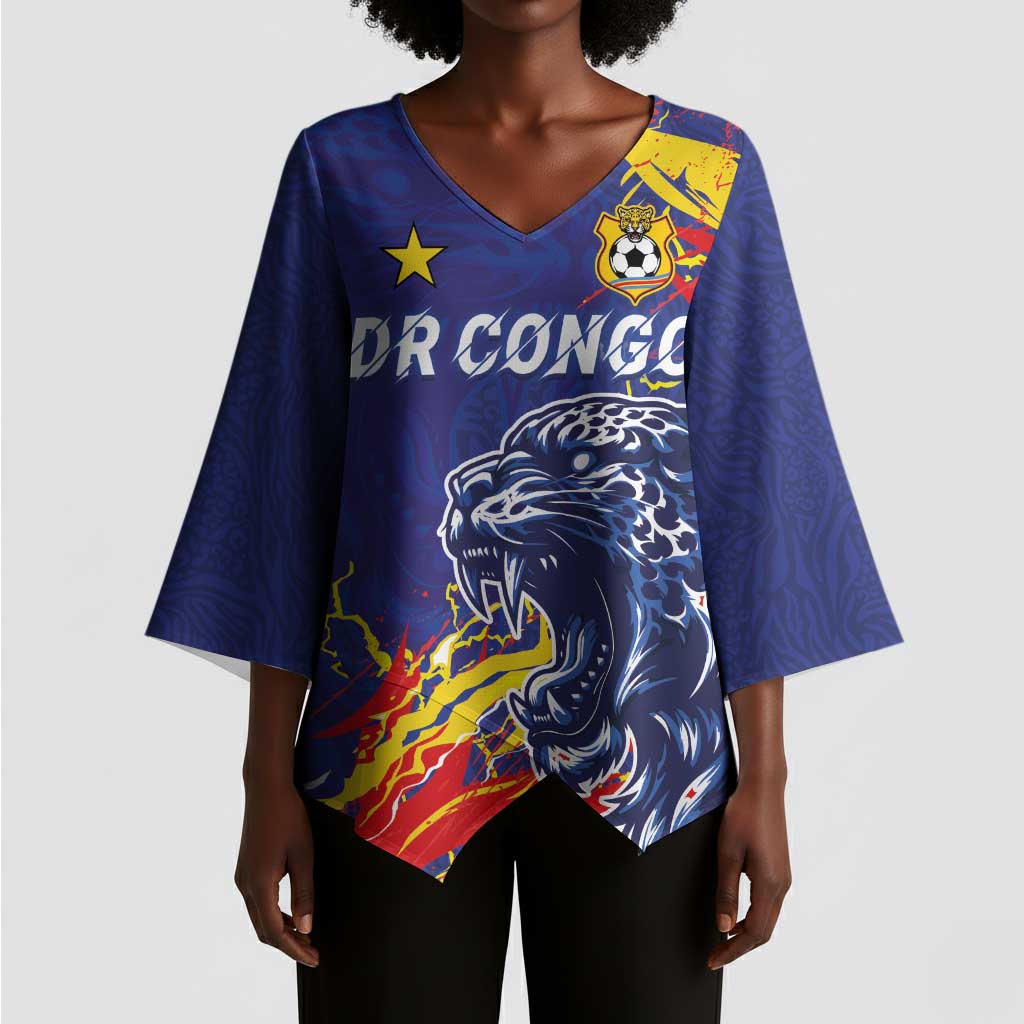 Custom DR Congo Football Leopard Mascot Kimono Sleeve Blouse Fierce Leopard Art National Flag Colors