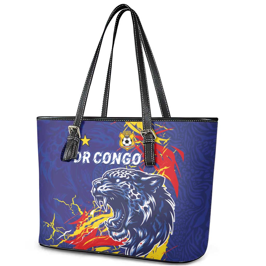 DR Congo Football Leopard Mascot Leather Tote Bag Fierce Leopard Art National Flag Colors