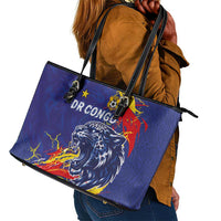 DR Congo Football Leopard Mascot Leather Tote Bag Fierce Leopard Art National Flag Colors