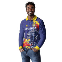 Custom DR Congo Football Leopard Mascot Long Sleeve Polo Shirt Fierce Leopard Art National Flag Colors