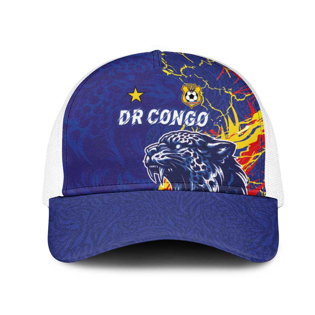 DR Congo Football Leopard Mascot Mesh Trucker Cap Fierce Leopard Art In National Flag Colors