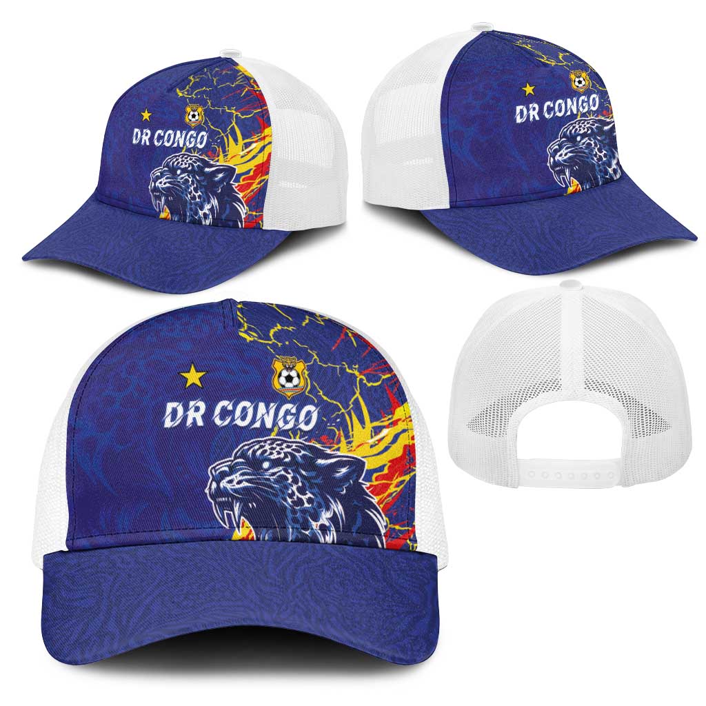 DR Congo Football Leopard Mascot Mesh Trucker Cap Fierce Leopard Art In National Flag Colors