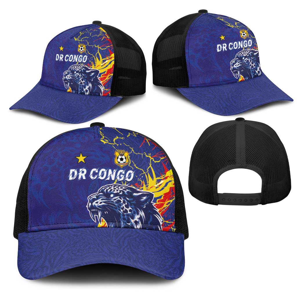 DR Congo Football Leopard Mascot Mesh Trucker Cap Fierce Leopard Art In National Flag Colors