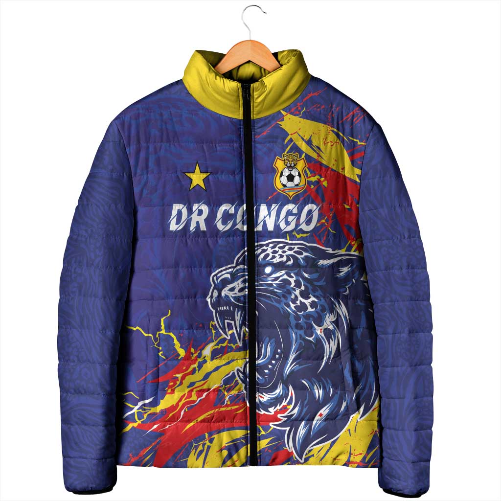 Custom DR Congo Football Leopard Mascot Padded Jacket Fierce Leopard Art National Flag Colors