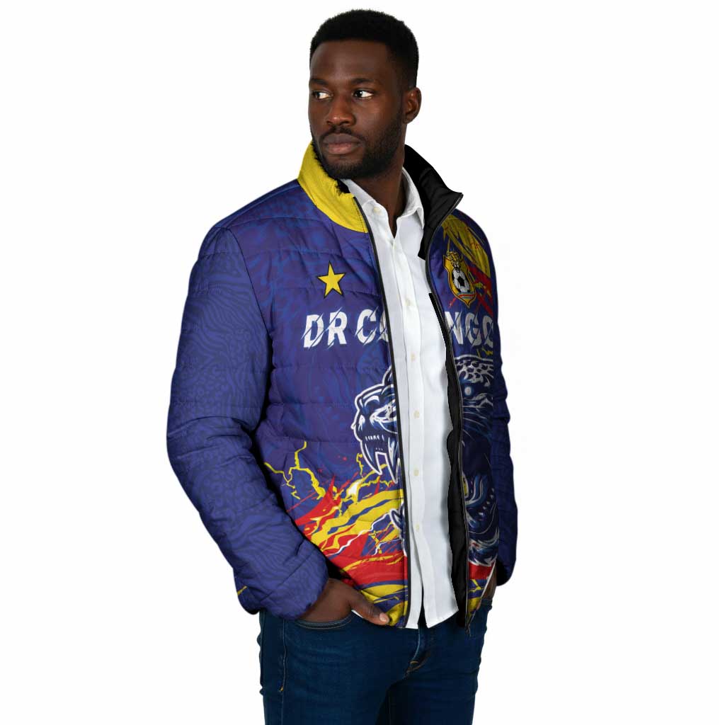 Custom DR Congo Football Leopard Mascot Padded Jacket Fierce Leopard Art National Flag Colors