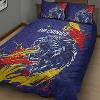 DR Congo Football Leopard Mascot Quilt Bed Set Fierce Leopard Art National Flag Colors