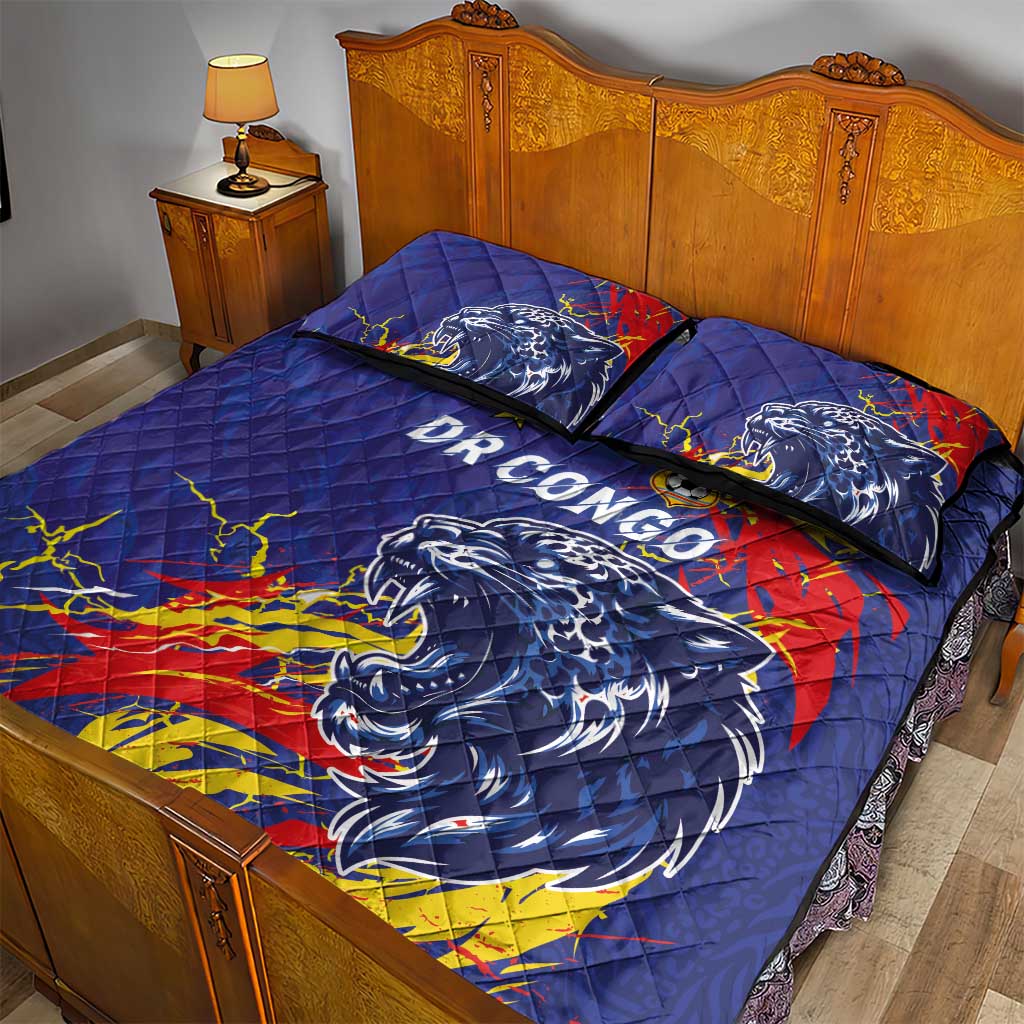 DR Congo Football Leopard Mascot Quilt Bed Set Fierce Leopard Art National Flag Colors