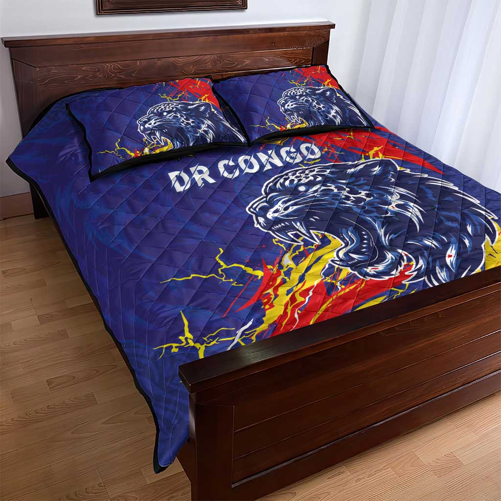 DR Congo Football Leopard Mascot Quilt Bed Set Fierce Leopard Art National Flag Colors