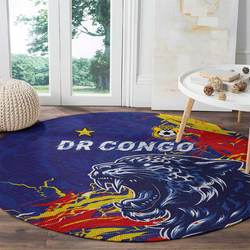 DR Congo Football Leopard Mascot Round Carpet Fierce Leopard Art National Flag Colors