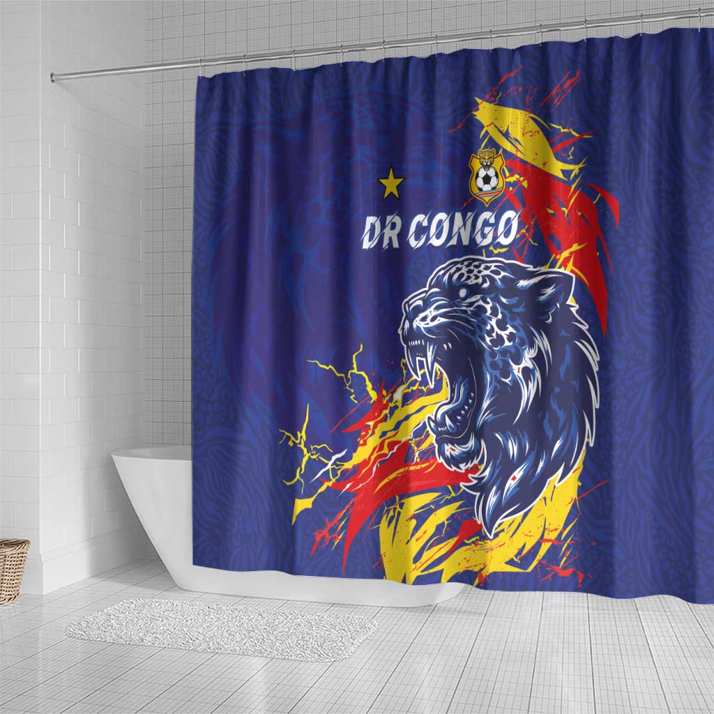 DR Congo Football Leopard Mascot Shower Curtain Fierce Leopard Art National Flag Colors