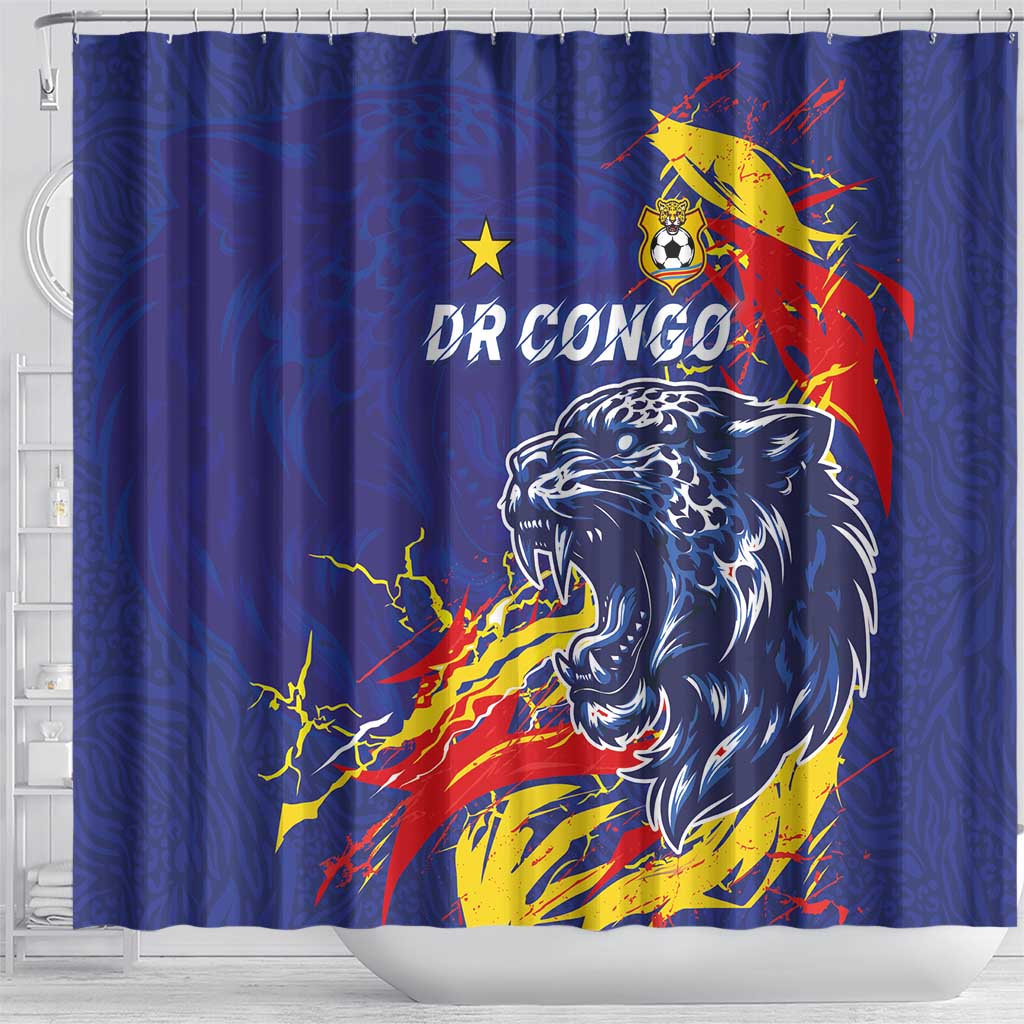 DR Congo Football Leopard Mascot Shower Curtain Fierce Leopard Art National Flag Colors