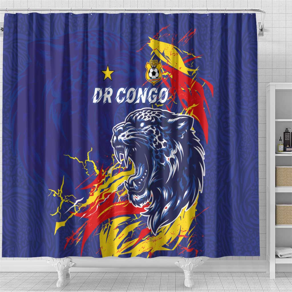 DR Congo Football Leopard Mascot Shower Curtain Fierce Leopard Art National Flag Colors