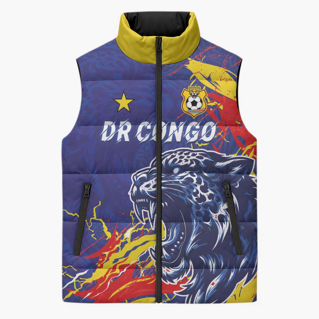 Custom DR Congo Football Leopard Mascot Sleeveless Puffer Jacket Fierce Leopard Art National Flag Colors