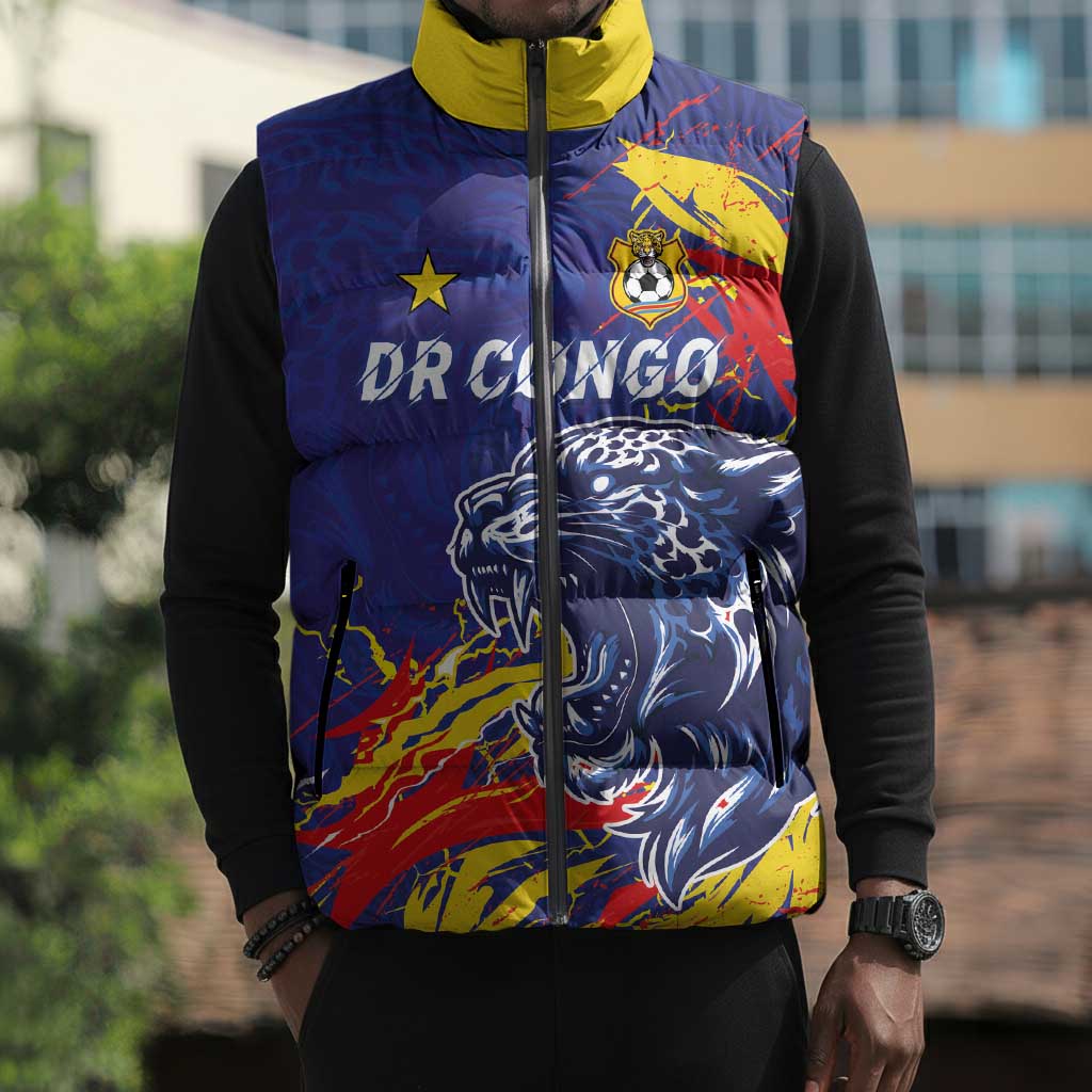 Custom DR Congo Football Leopard Mascot Sleeveless Puffer Jacket Fierce Leopard Art National Flag Colors