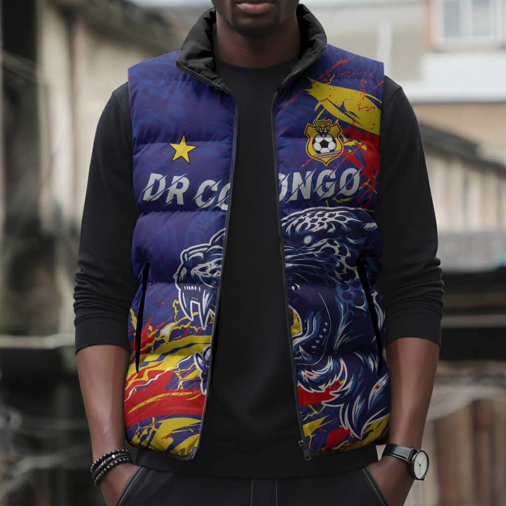 Custom DR Congo Football Leopard Mascot Sleeveless Puffer Jacket Fierce Leopard Art National Flag Colors