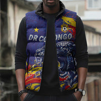 Custom DR Congo Football Leopard Mascot Sleeveless Puffer Jacket Fierce Leopard Art National Flag Colors