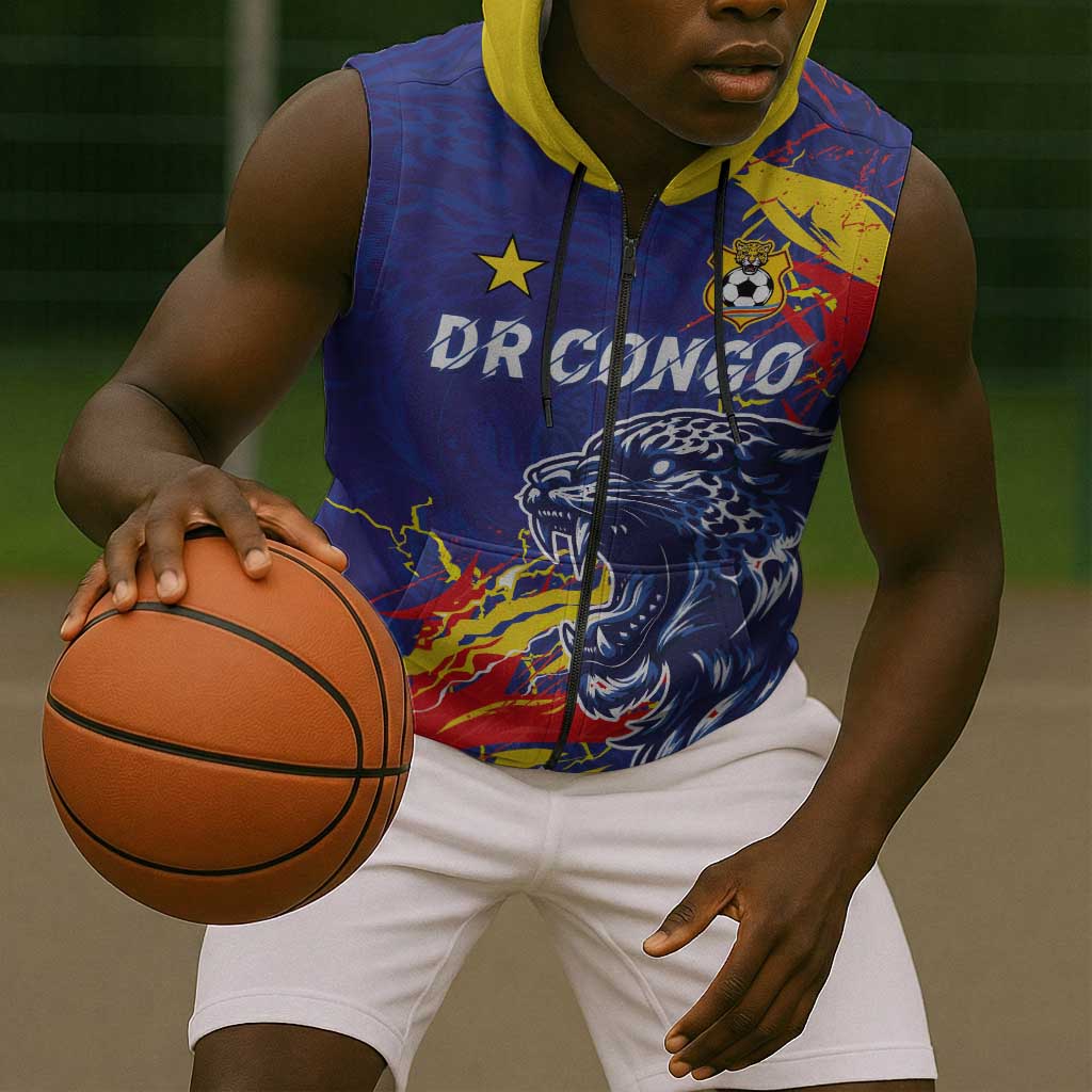 Custom DR Congo Football Leopard Mascot Sleeveless Zip Hoodie Fierce Leopard Art National Flag Colors