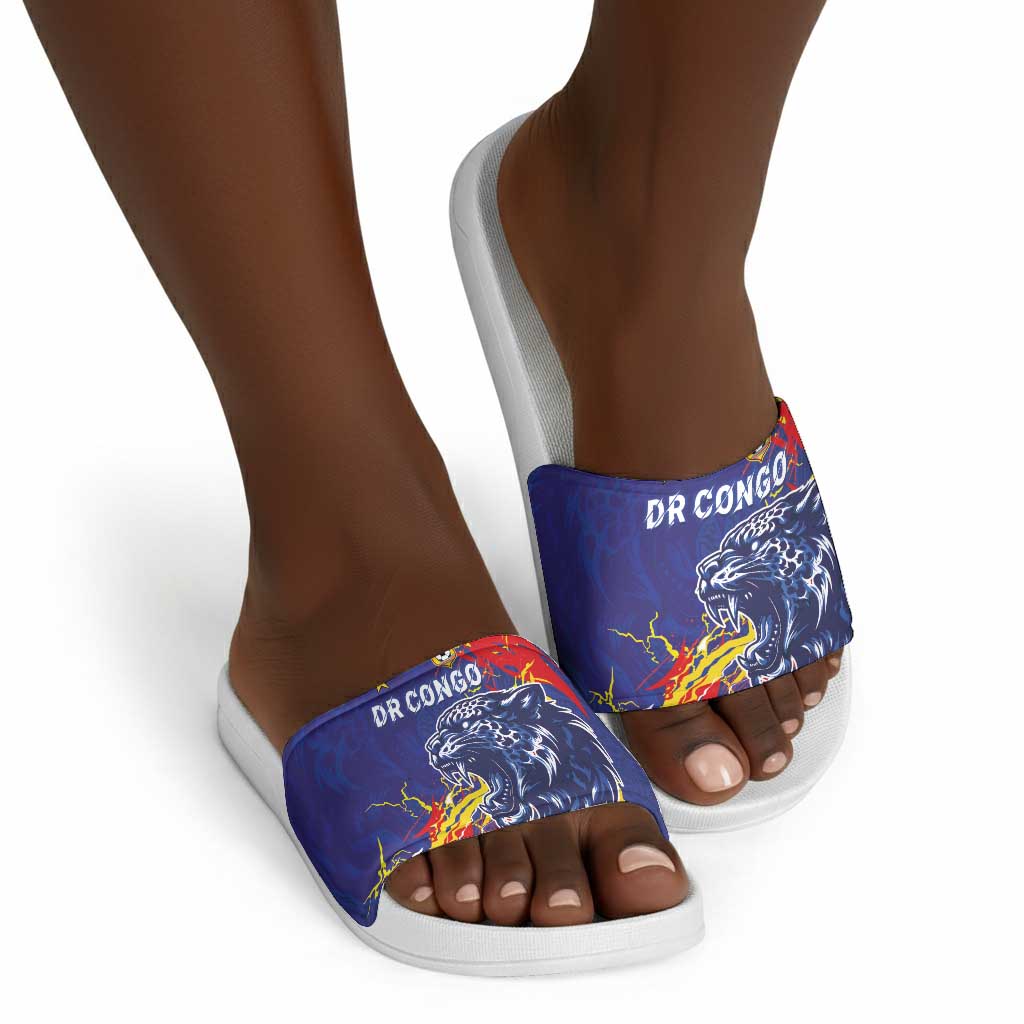 DR Congo Football Leopard Mascot Slide Sandals Fierce Leopard Art National Flag Colors