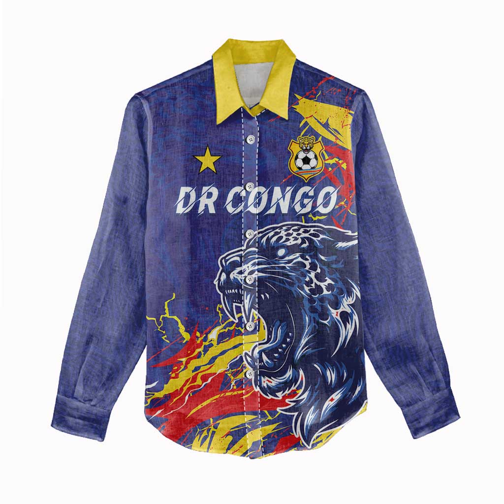 Custom DR Congo Football Leopard Mascot Women Casual Shirt Fierce Leopard Art National Flag Colors