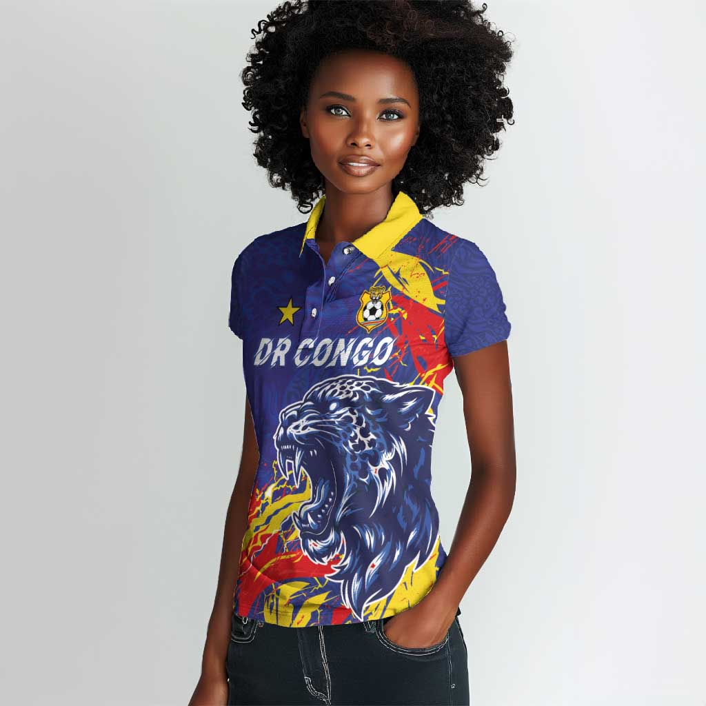 Custom DR Congo Football Leopard Mascot Women Polo Shirt Fierce Leopard Art National Flag Colors