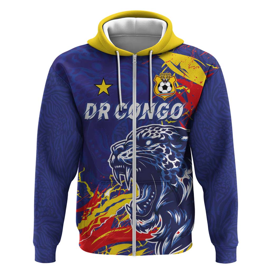 Custom DR Congo Football Leopard Mascot Zip Hoodie Fierce Leopard Art National Flag Colors