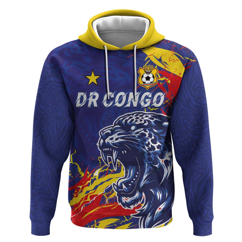 Custom DR Congo Football Leopard Mascot Zip Hoodie Fierce Leopard Art National Flag Colors