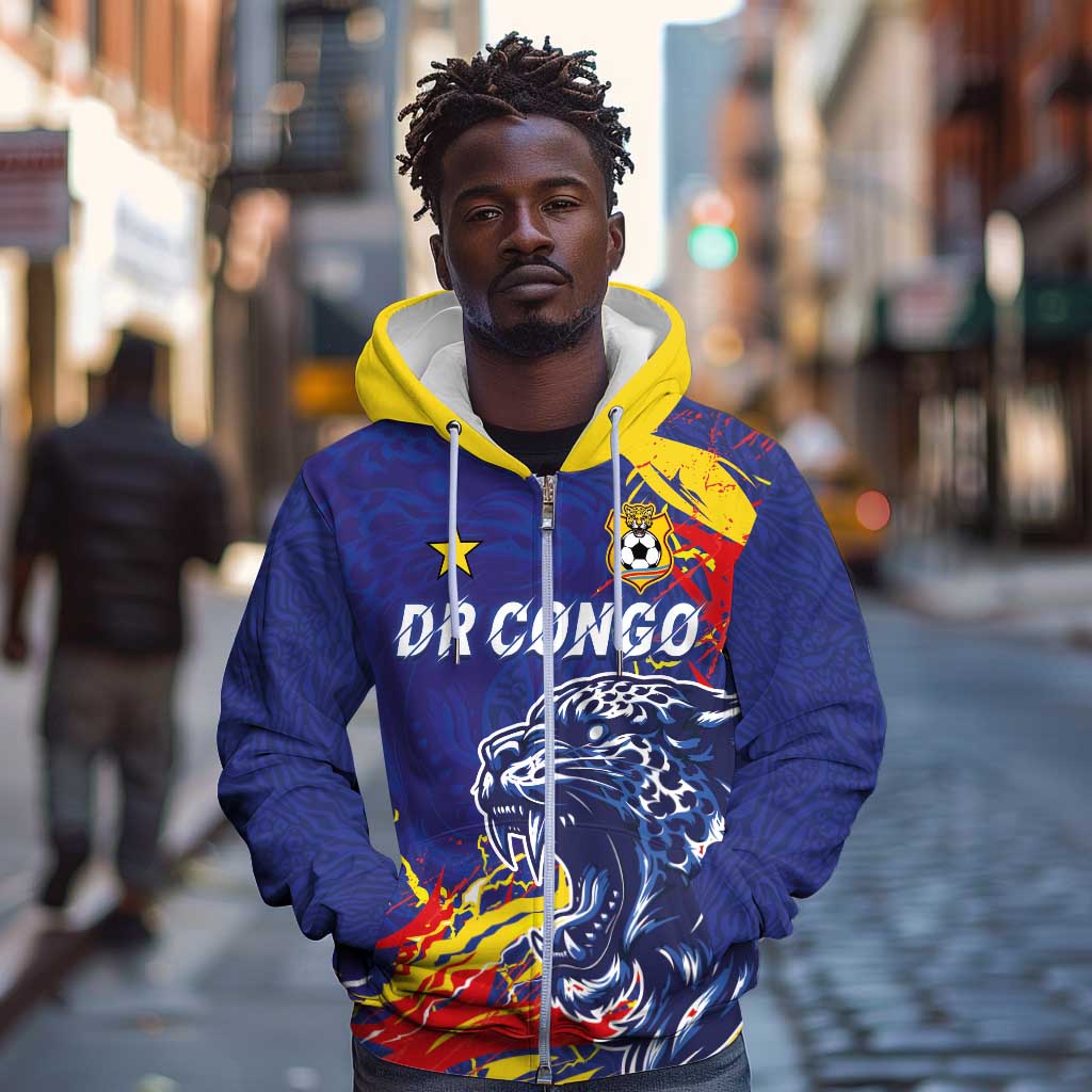 Custom DR Congo Football Leopard Mascot Zip Hoodie Fierce Leopard Art National Flag Colors