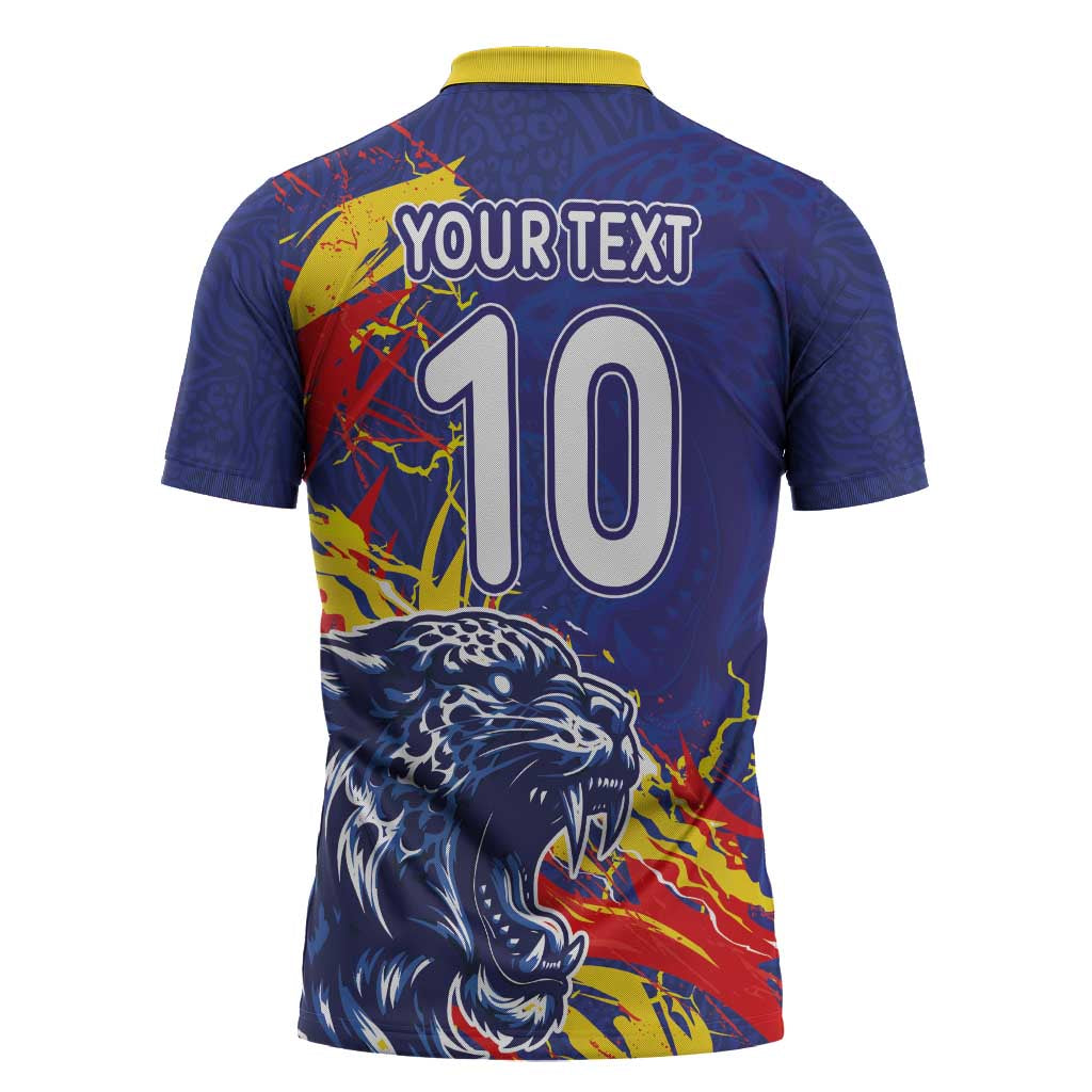 Custom DR Congo Football Leopard Mascot Zipper Polo Shirt Fierce Leopard Art National Flag Colors