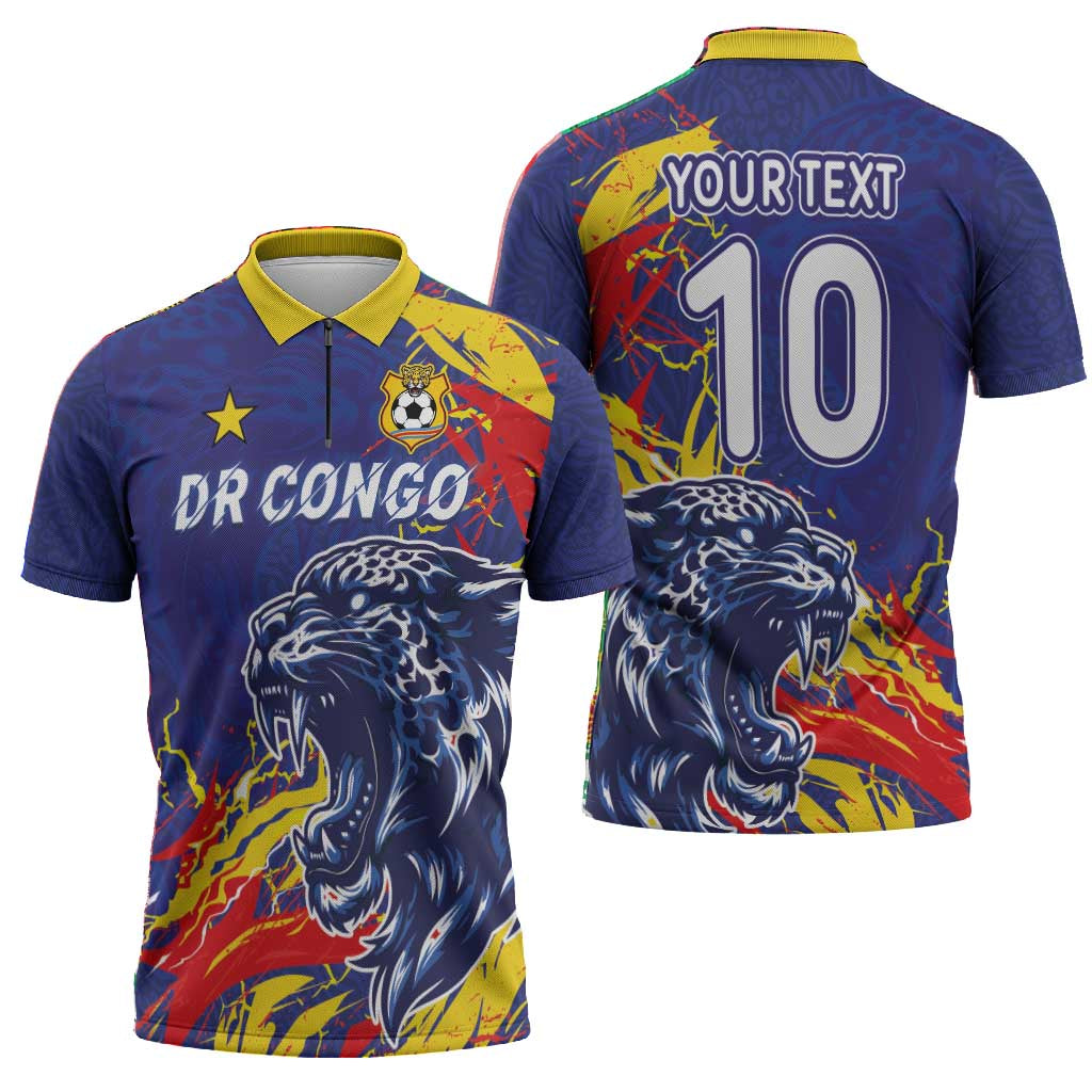 Custom DR Congo Football Leopard Mascot Zipper Polo Shirt Fierce Leopard Art National Flag Colors