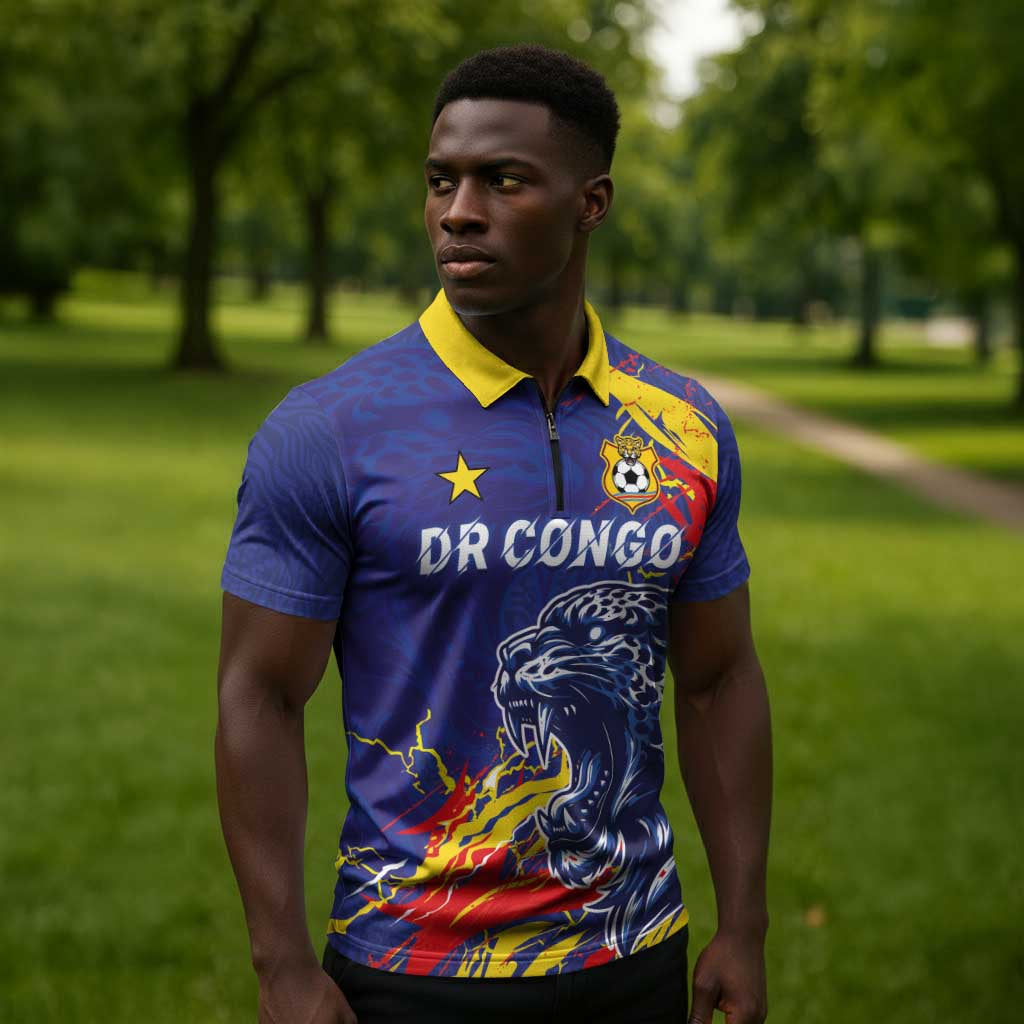 Custom DR Congo Football Leopard Mascot Zipper Polo Shirt Fierce Leopard Art National Flag Colors