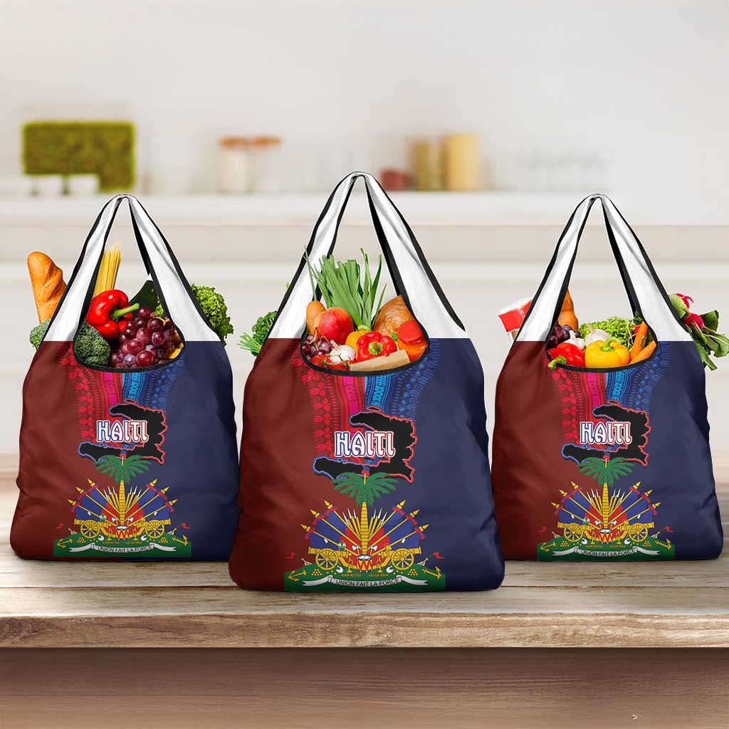 Haiti Coat Of Arms Map Dashiki Grocery Bag Vibrant Caribbean Heritage