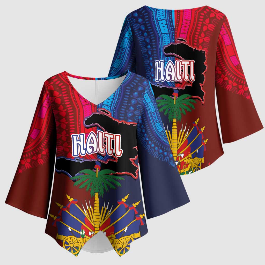 Haiti Coat Of Arms Map Dashiki Kimono Sleeve Blouse Vibrant Caribbean Heritage