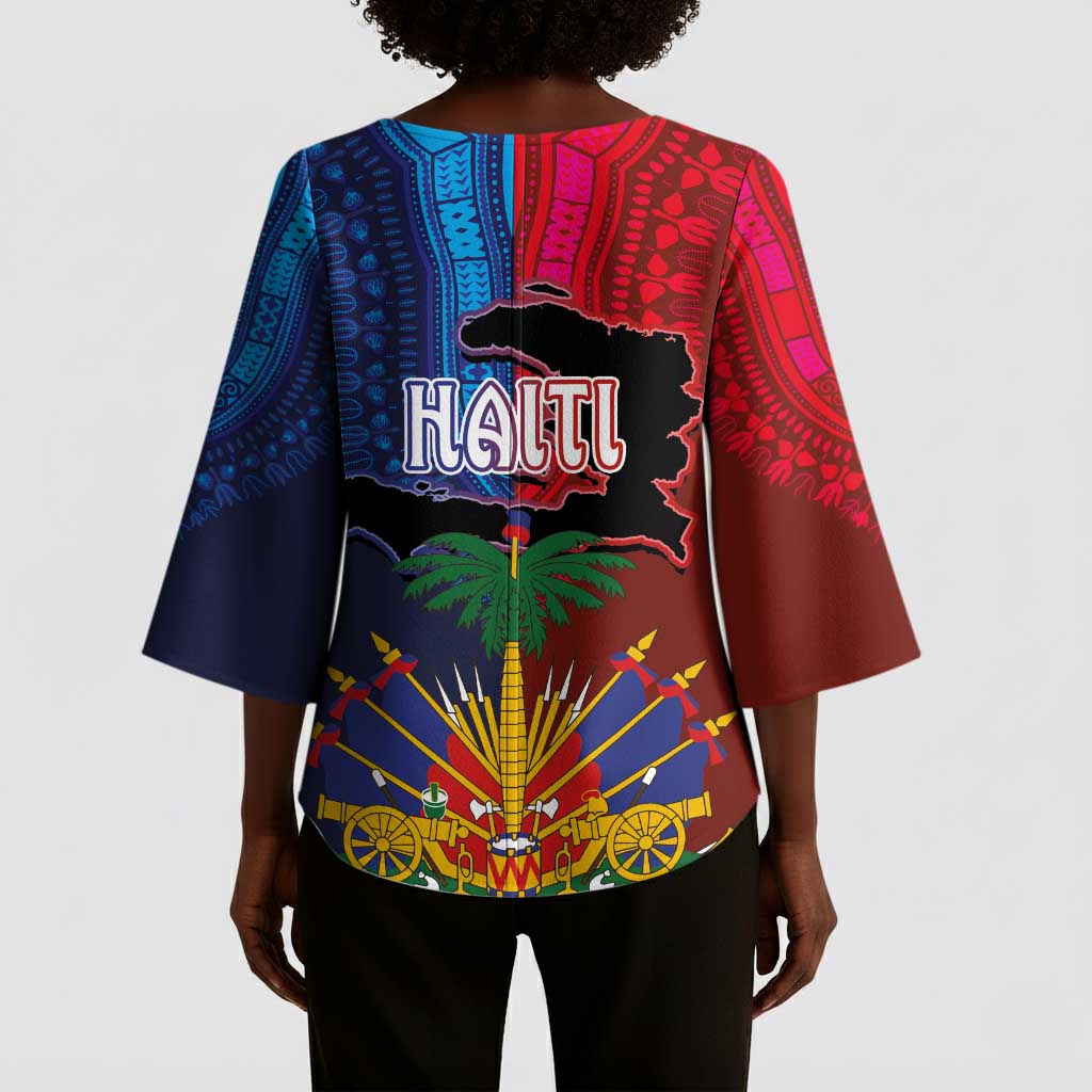 Haiti Coat Of Arms Map Dashiki Kimono Sleeve Blouse Vibrant Caribbean Heritage