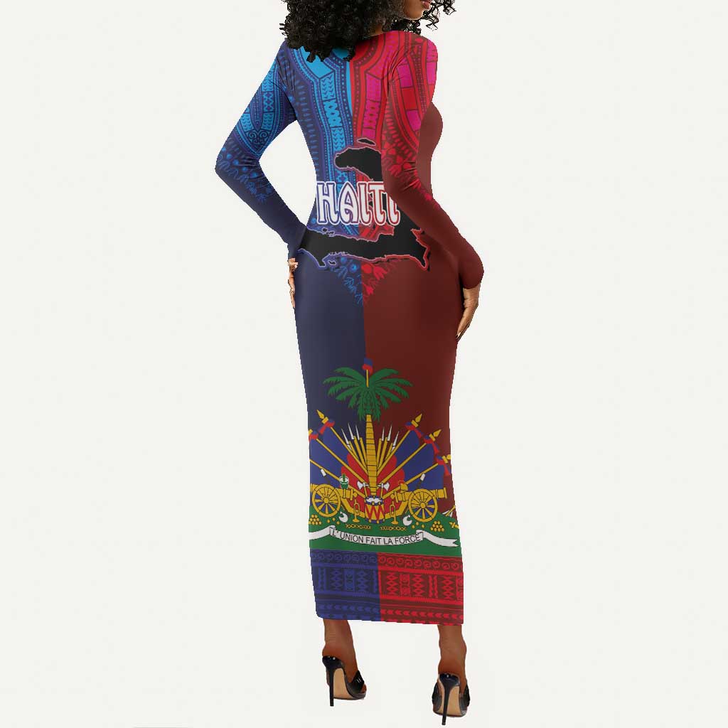 Haiti Coat Of Arms Map Dashiki Long Sleeve Bodycon Dress Vibrant Caribbean Heritage