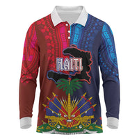 Haiti Coat Of Arms Map Dashiki Long Sleeve Polo Shirt Vibrant Caribbean Heritage
