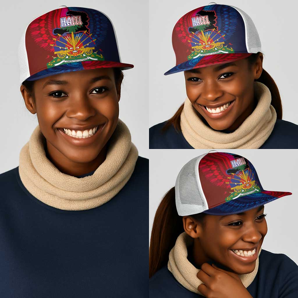 Haiti Coat Of Arms Map Dashiki Mesh Trucker Cap Vibrant Caribbean Heritage