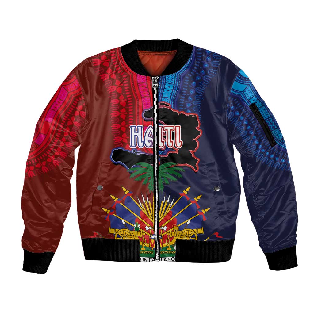Haiti Coat Of Arms Map Dashiki Sleeve Zip Bomber Jacket Vibrant Caribbean Heritage