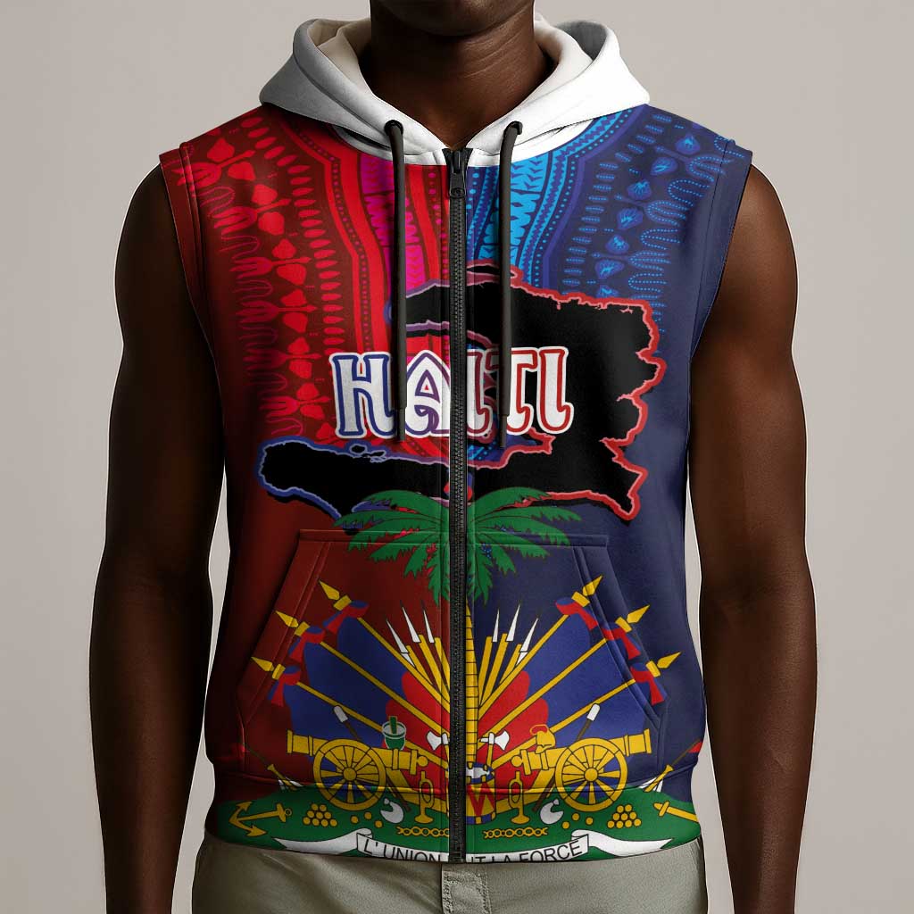 Haiti Coat Of Arms Map Dashiki Sleeveless Zip Hoodie Vibrant Caribbean Heritage