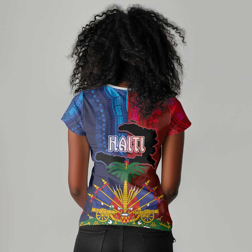 Haiti Coat Of Arms Map Dashiki Women V-Neck T-Shirt Vibrant Caribbean Heritage