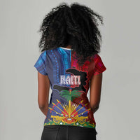 Haiti Coat Of Arms Map Dashiki Women V-Neck T-Shirt Vibrant Caribbean Heritage