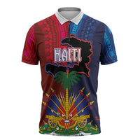 Haiti Coat Of Arms Map Dashiki Zipper Polo Shirt Vibrant Caribbean Heritage