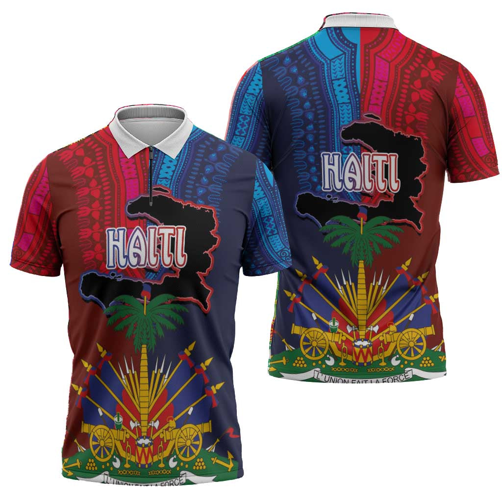 Haiti Coat Of Arms Map Dashiki Zipper Polo Shirt Vibrant Caribbean Heritage