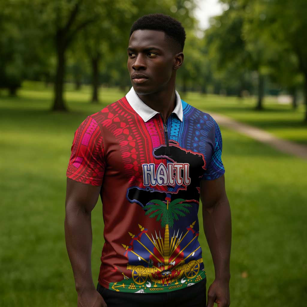 Haiti Coat Of Arms Map Dashiki Zipper Polo Shirt Vibrant Caribbean Heritage