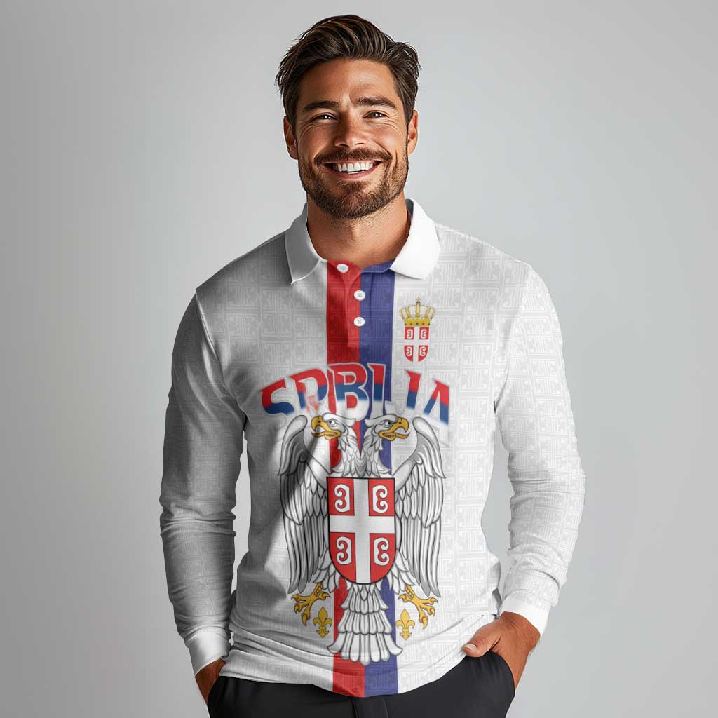 Serbia Coat Of Arms Srbija Eagle Long Sleeve Polo Shirt Traditional Serbian Heraldic Crest White Double Headed Eagle