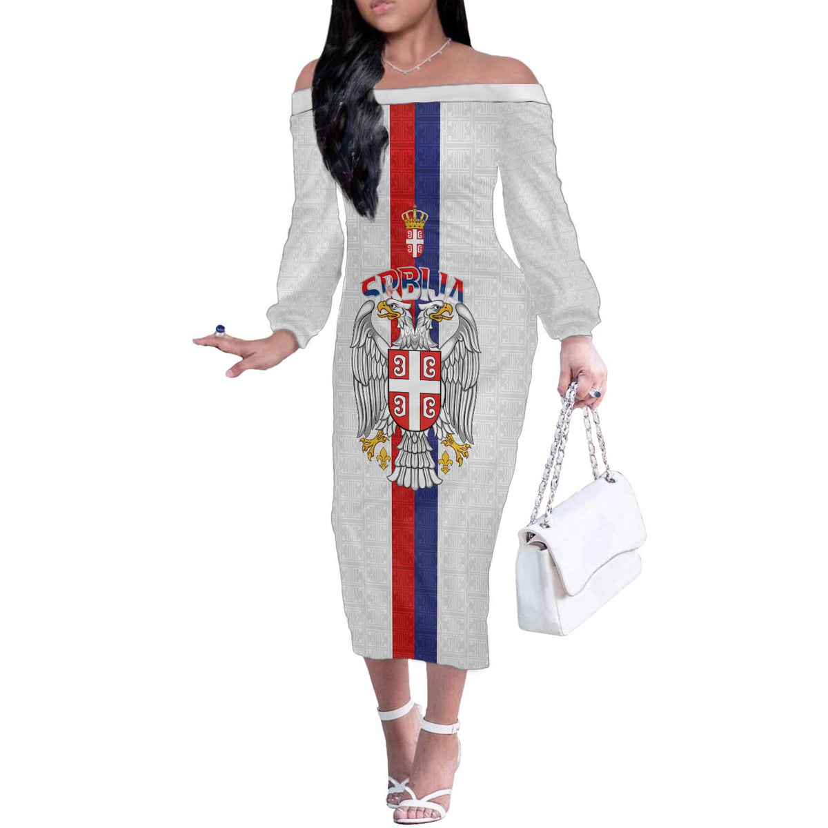 Serbia Coat Of Arms Srbija Eagle Off The Shoulder Long Sleeve Dress Traditional Serbian Heraldic Crest White Double Headed Eagle
