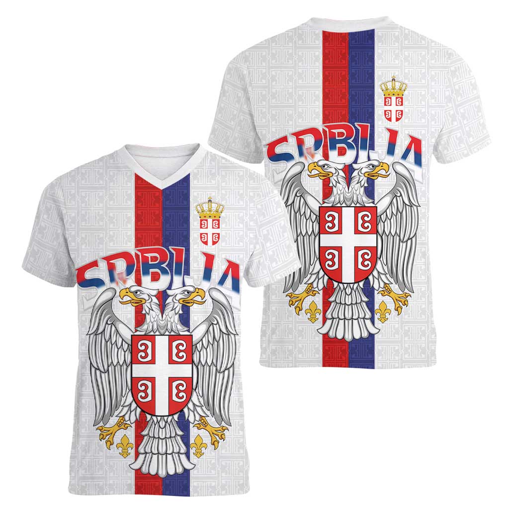 Serbia Coat Of Arms Srbija Eagle Women V-Neck T-Shirt Traditional Serbian Heraldic Crest White Double Headed Eagle